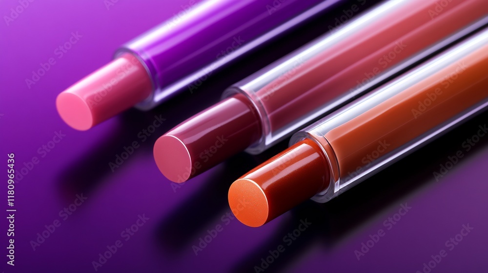 Three Luxurious Lipsticks on Purple Background Three Luxurious Lipsticks on Purple Background
