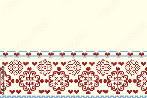 seamless pattern in the style of romantic Nordic or Ukrainian folk style of the slavic with pixel heart and floral border design