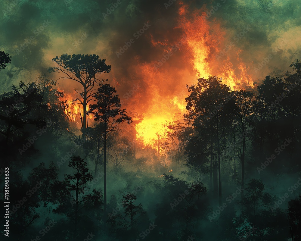 Fototapeta premium Forest wildfire in dense woodland, flames consuming trees, climate change impact on nature, devastating forest fire scene