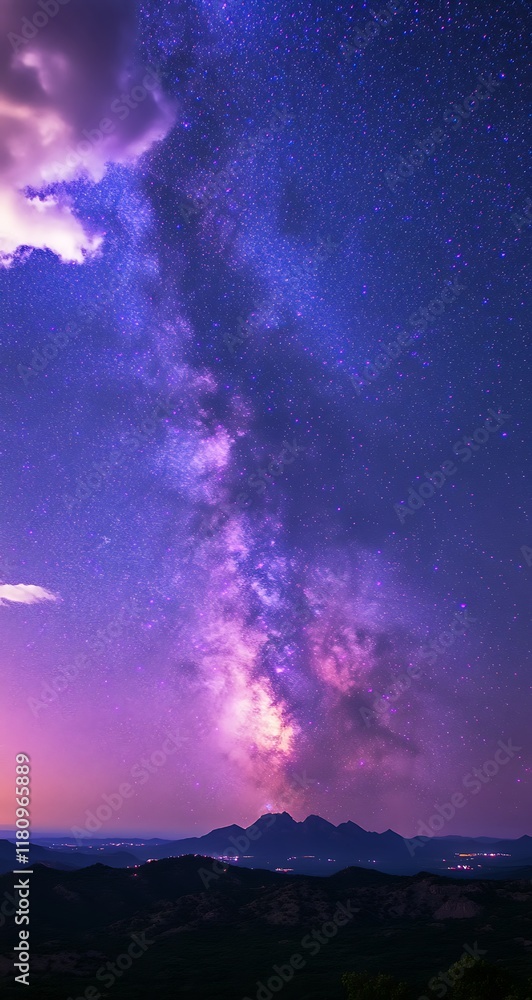 Naklejka premium Milky Way galaxy over mountain range at night.