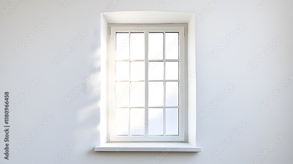 Fototapeta premium A narrow window with a long vertical frame, offering a serene view against a white background.
