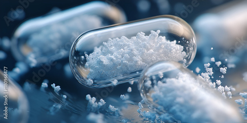 Crystalline Capsules: Microscopic view of pharmaceutical capsules filled with crystalline powder.  A detailed, high-resolution image perfect for medical, pharmaceutical, and scientific publications. 