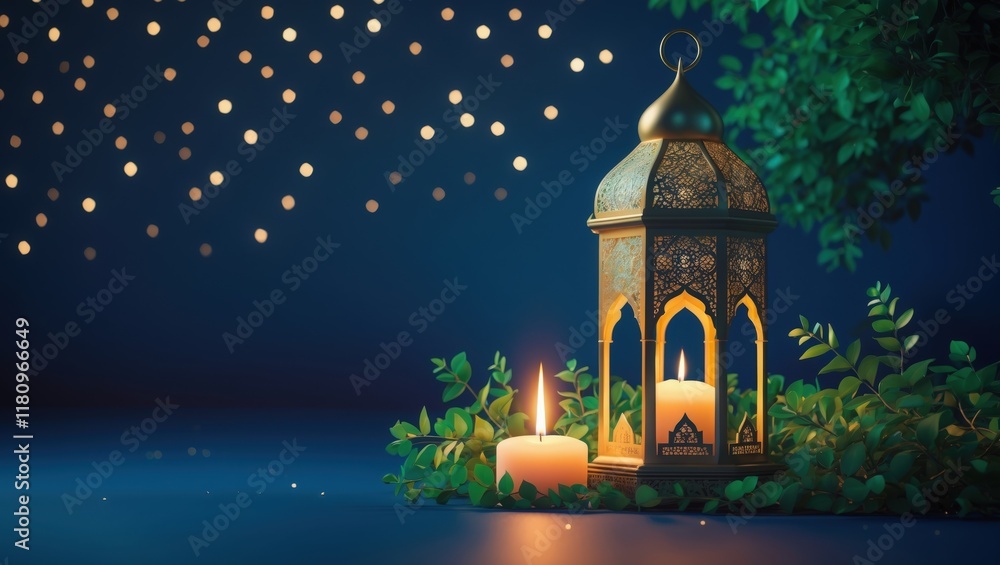 Ornate Lantern and Candles: A Serene Nighttime Scene Ornate Lantern and Candles: A Serene Nighttime Scene