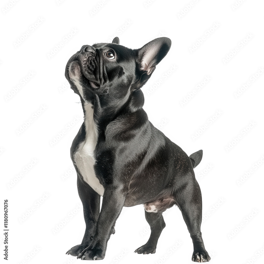a striking image of a black french bulldog standing proudly. looking upwards with an alert expression against a clean white background. showcasing its distinctive features and playful demeanor a striking image of a black french bulldog standing proudly. looking upwards with an alert expression against a clean white background. showcasing its distinctive features and playful demeanor
