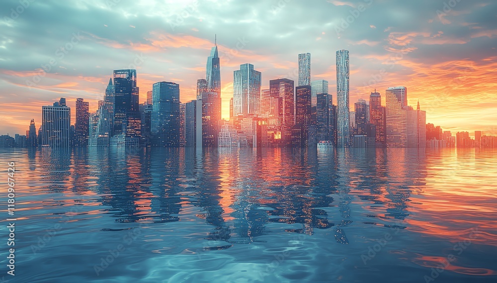 Fototapeta premium Rising ocean waters engulfing city buildings, urban submersion, submerged skyscrapers, environmental impact, illustration of climate crisis