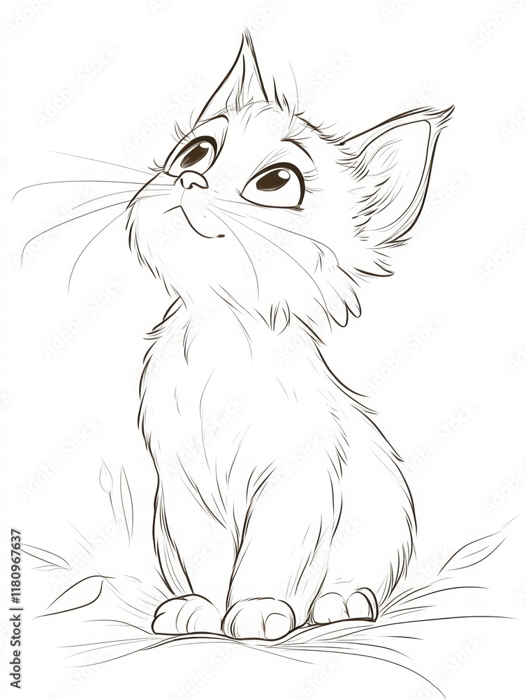 Curious Kitten Sketch: A simple yet charming line art sketch of a kitten gazing upwards with curious eyes and adorable whiskers, capturing the innocence and wonder of a young feline. Curious Kitten Sketch: A simple yet charming line art sketch of a kitten gazing upwards with curious eyes and adorable whiskers, capturing the innocence and wonder of a young feline.