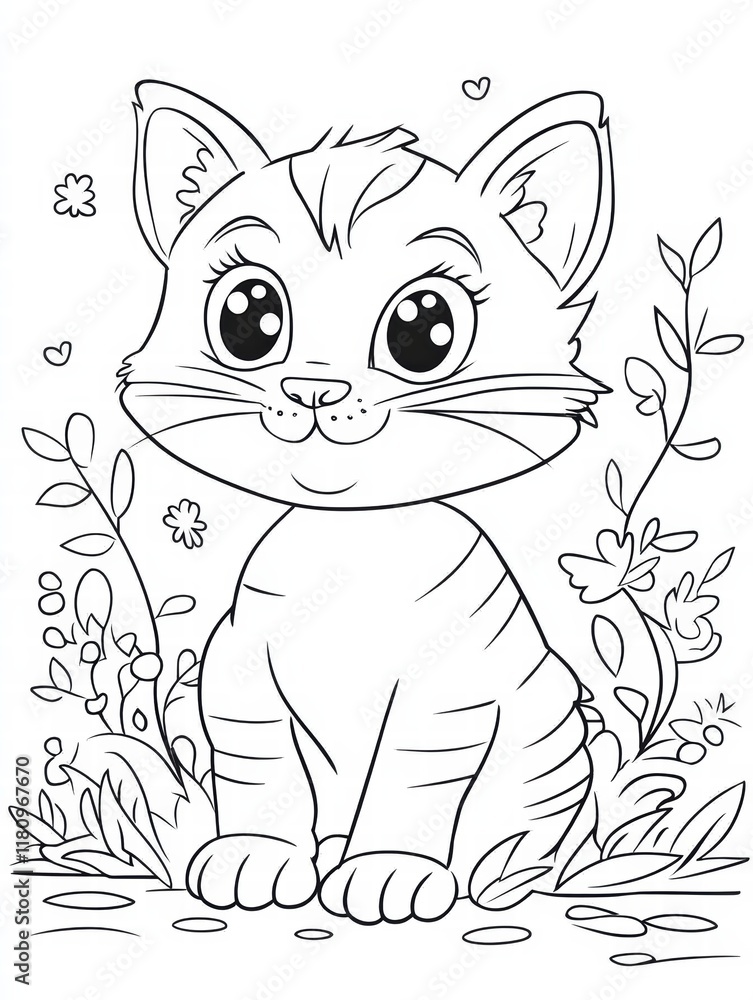 Adorable Kitten in Garden: A charming illustration of a cute kitten with big eyes, sitting amidst blooming flowers and lush greenery, perfect for coloring pages and children's books. Adorable Kitten in Garden: A charming illustration of a cute kitten with big eyes, sitting amidst blooming flowers and lush greenery, perfect for coloring pages and children's books.