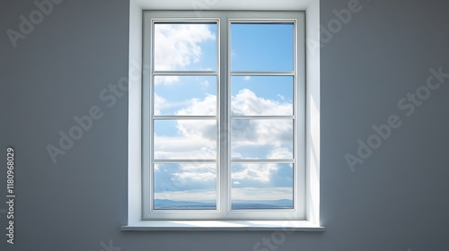 A wide window with a thin metal frame  surrounded by a clean  white surface.
