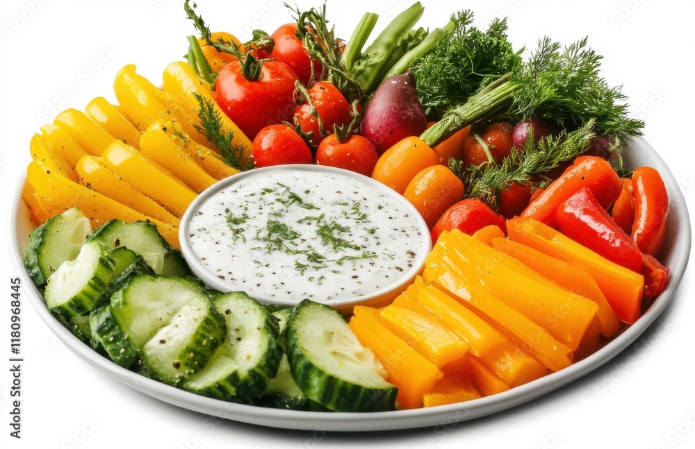 Colorful platter of fresh vegetables including cucumbers, bell peppers, tomatoes, and herbs served with creamy dip for healthy eating and lifestyle inspiration Colorful platter of fresh vegetables including cucumbers, bell peppers, tomatoes, and herbs served with creamy dip for healthy eating and lifestyle inspiration