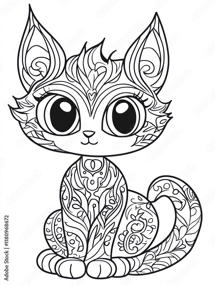 Fototapeta premium Intricate Kitten Coloring Page: An adorable kitten, detailed with intricate swirling patterns and large expressive eyes, perfect for a relaxing coloring session.