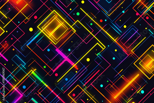 Neon Abstract: A vibrant and dynamic abstract design featuring a mesmerizing interplay of neon lines, dots and squares on a dark background. photo