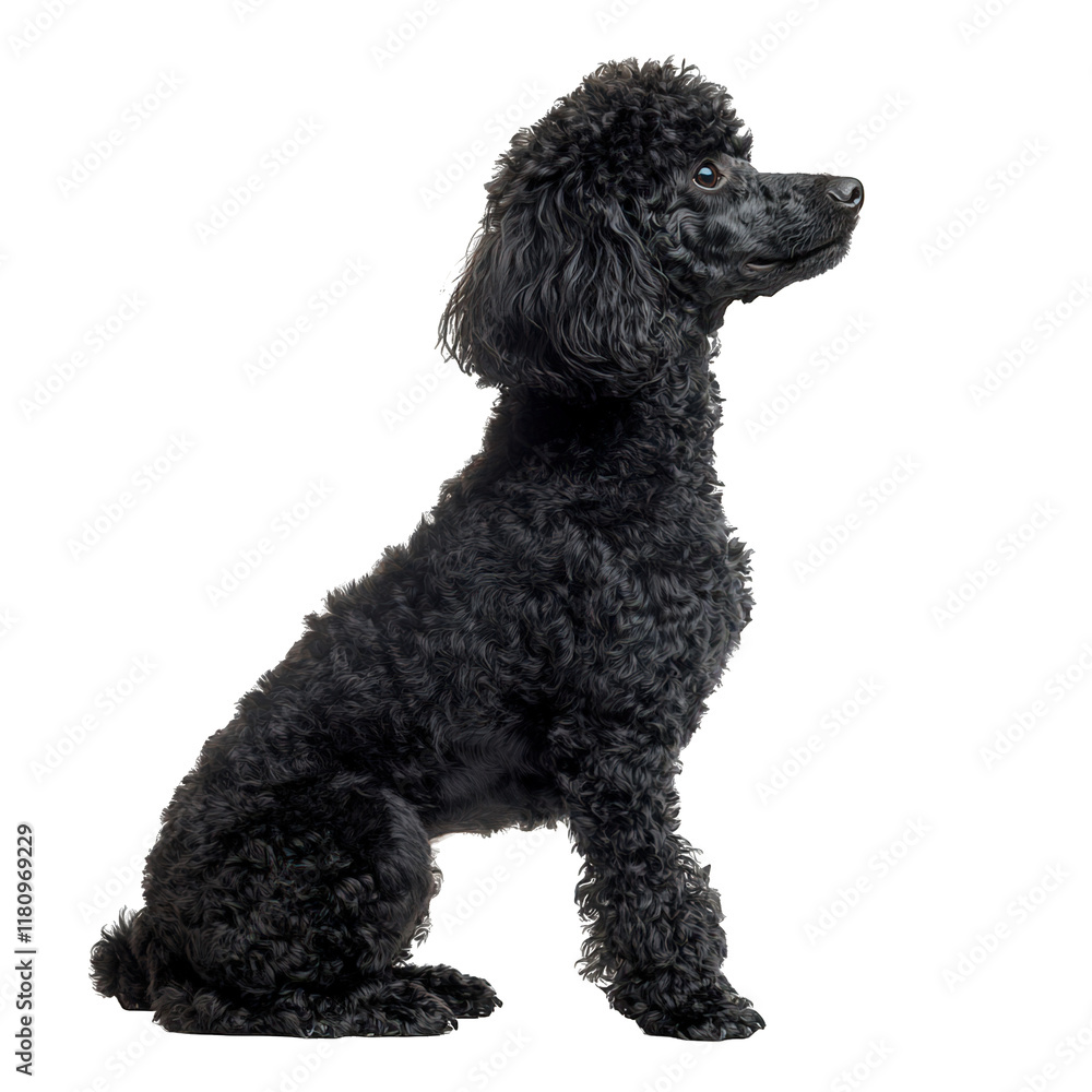 a profile view of a black poodle sitting gracefully against a plain white background. showcasing its curly fur and elegant posture the dog?s features and is likely intended for pet-related content or a profile view of a black poodle sitting gracefully against a plain white background. showcasing its curly fur and elegant posture the dog?s features and is likely intended for pet-related content or