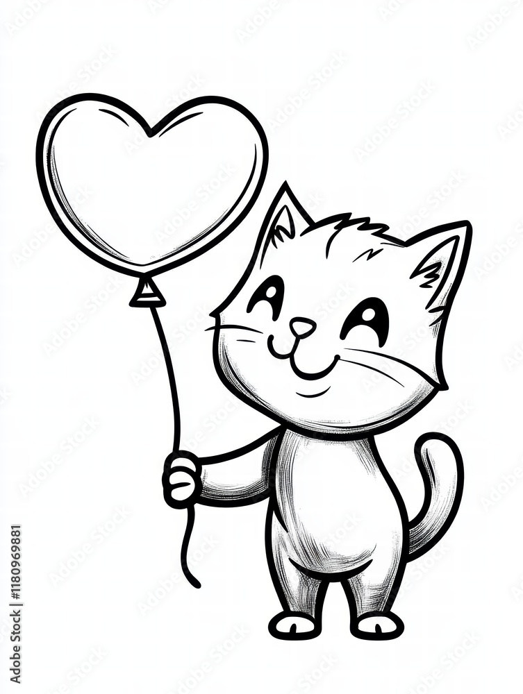 Adorable Cat with Heart Balloon: A charming illustration of a cute cartoon cat holding a heart-shaped balloon, perfect for Valentine's Day, children's books. Adorable Cat with Heart Balloon: A charming illustration of a cute cartoon cat holding a heart-shaped balloon, perfect for Valentine's Day, children's books.