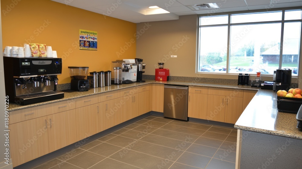 Office pantry area with sleek counters, coffee machines, and casual seating, Office pantry area with sleek counters, coffee machines, and casual seating,