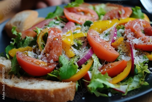 Restaurant Salad, Tomatoes, Peppers, Bread, Lunch, Closeup photo