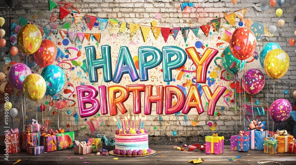 Fototapeta premium Vibrant Birthday Celebration: A Colorful Graffiti Wall Backdrop with Balloons, Cake, and Gifts