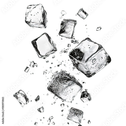 Dynamic flying ice cubes surrounded by splashing water droplets