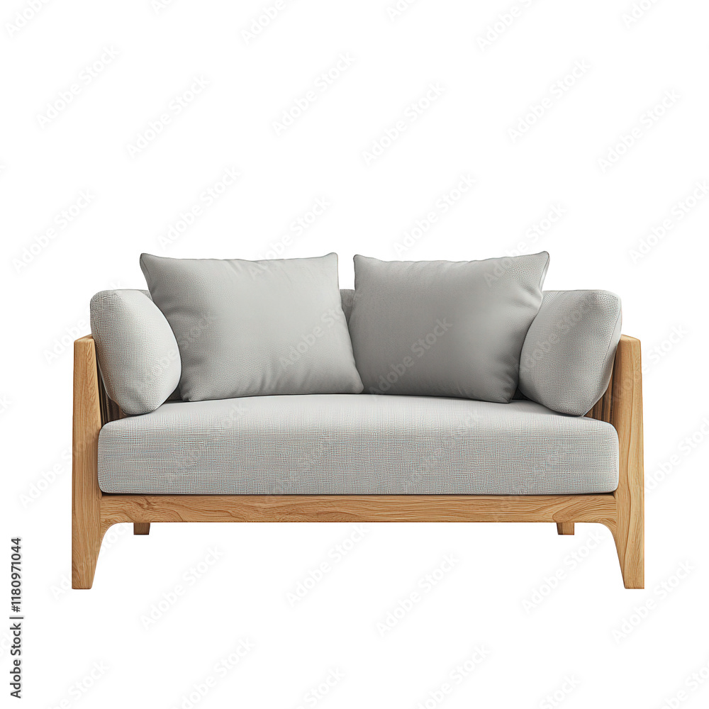 a modern two-seater sofa featuring a wooden frame and soft gray cushions. designed for comfort and style in contemporary living spaces ideal for relaxation and socializing. this furniture piece enhanc a modern two-seater sofa featuring a wooden frame and soft gray cushions. designed for comfort and style in contemporary living spaces ideal for relaxation and socializing. this furniture piece enhanc