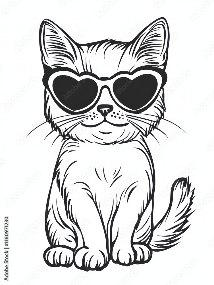 Obraz premium Cool Cat with Heart Sunglasses: A cute, hand-drawn illustration of a cat wearing heart-shaped sunglasses, radiating a cool and playful vibe. Perfect for adding a touch of feline charm to your designs.