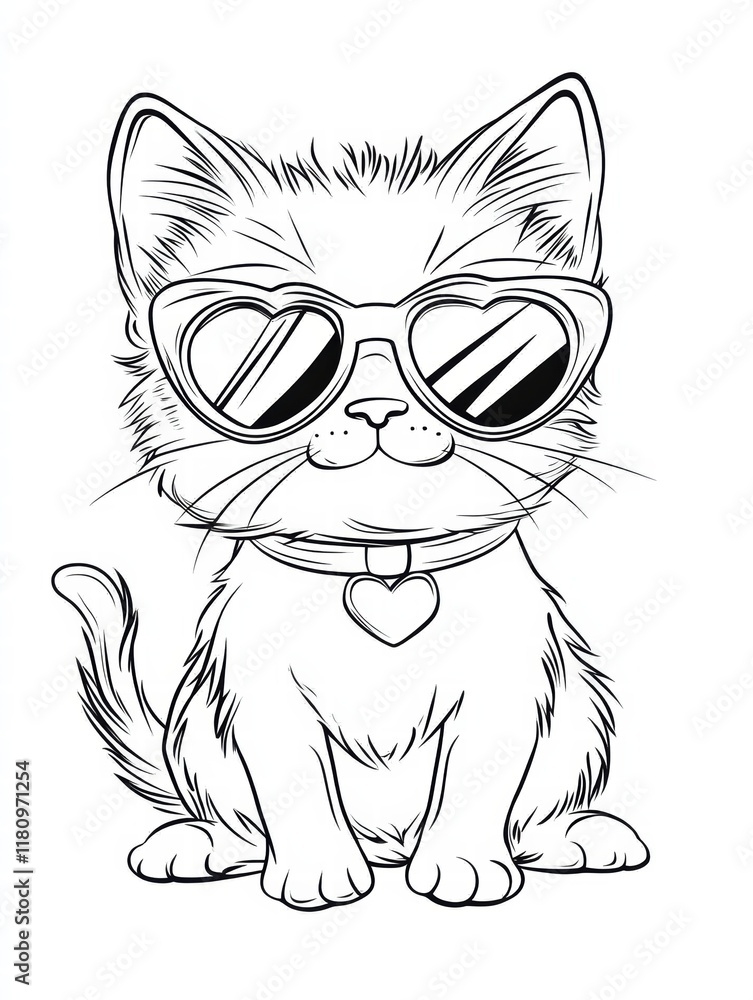 Obraz premium Cool Cat in Shades: A cute kitten coloring page, wearing heart-shaped sunglasses and a heart-shaped collar. Perfect for kids and cat lovers.