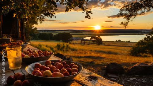 Rustic Sunset Picnic with Fresh Apples
 photo