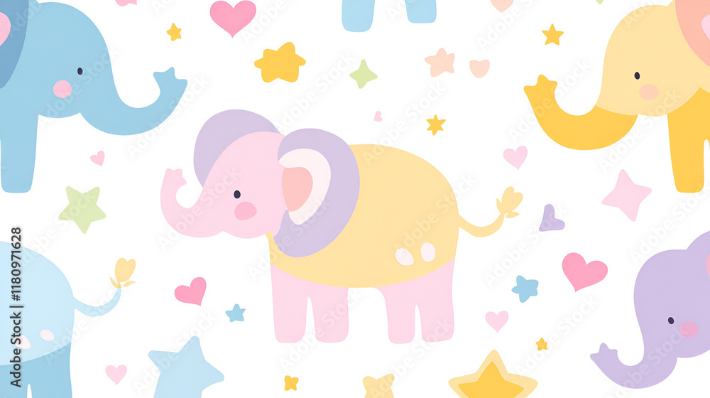 Cute Elephant Pattern: A cheerful and whimsical seamless pattern featuring adorable cartoon elephants in pastel colors, adorned with hearts and stars. Perfect for kids, nursery decor. Cute Elephant Pattern: A cheerful and whimsical seamless pattern featuring adorable cartoon elephants in pastel colors, adorned with hearts and stars. Perfect for kids, nursery decor.