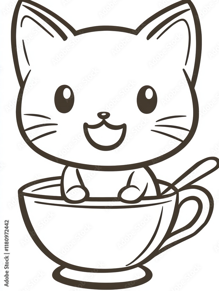 Fototapeta premium Cat in a Teacup: A cartoon illustration of a cute, happy cat nestled inside a teacup, perfect for adding a touch of whimsical charm to any design.