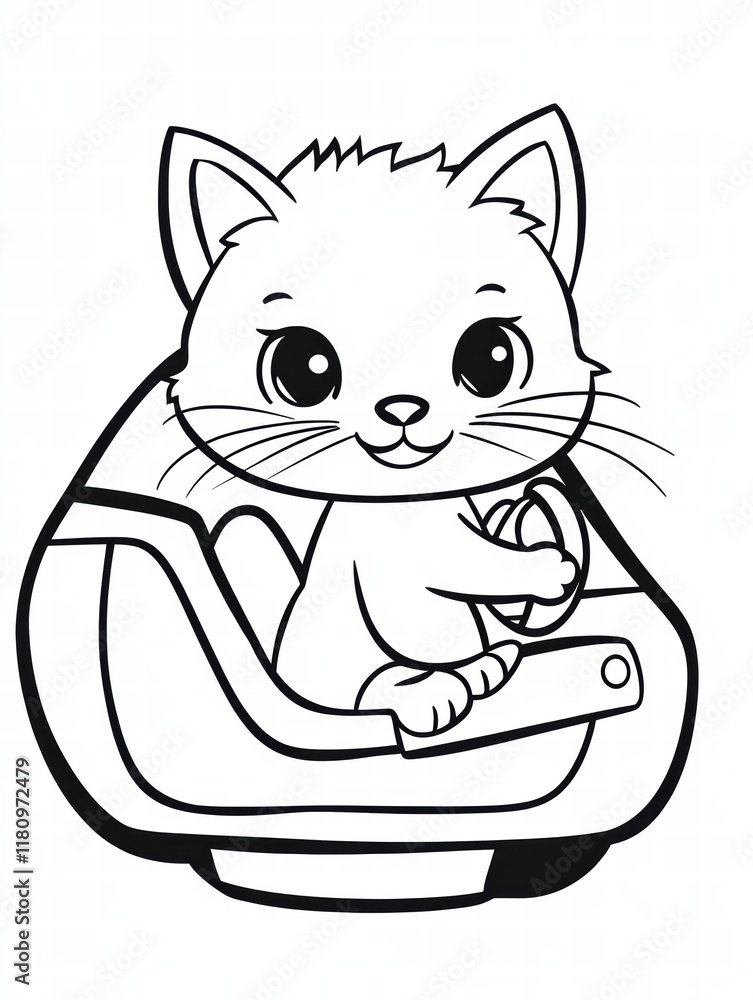 Obraz premium Cat Driving: A cute and adorable cartoon illustration of a kitten driving a car, perfect for kids' coloring books, educational materials, and merchandise. 