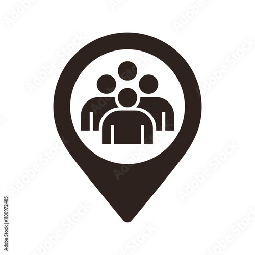 Meeting point location sign. Map pointer with group of people icon. Friends nearby symbol