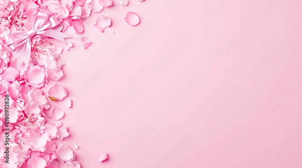Mother's Day theme, carnation petals scattered aside, pink background, pink ribbon Mother's Day theme, carnation petals scattered aside, pink background, pink ribbon