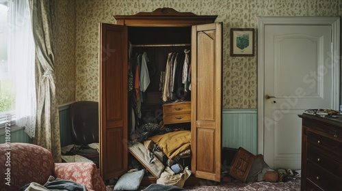 Cluttered wardrobe scene hints at nostalgia and hidden stories, capturing a moment of life and memory. photo