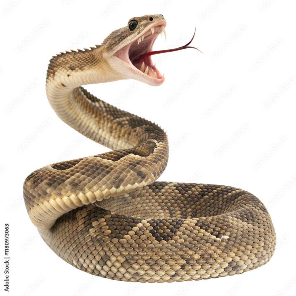 Obraz premium Desert oasis wildlife coiled rattle snake with rattle raised in close-up, isolated on white or transparent background