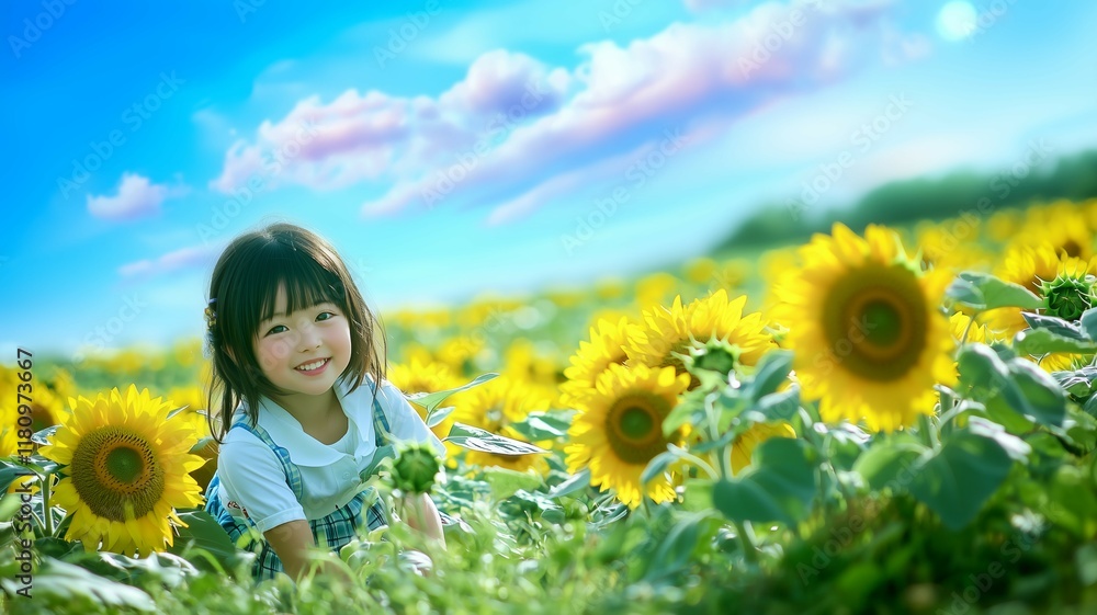 ひまわり畑で遊ぶ日本人の女の子 ひまわり畑で遊ぶ日本人の女の子