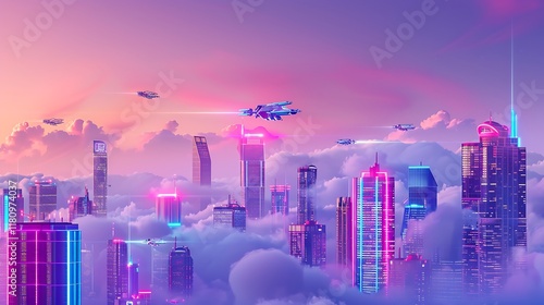 Futuristic Cityscape Above Clouds With Flying Vehicles photo