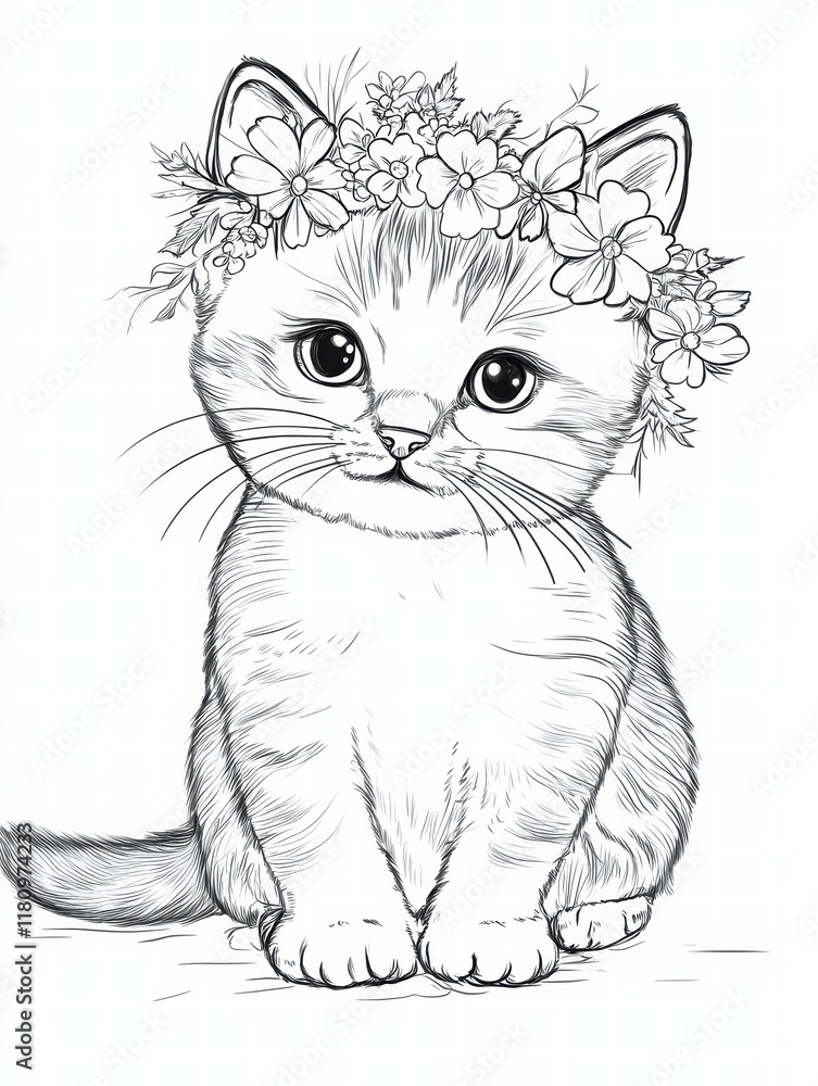 Obraz premium Floral Crown Cat Coloring Page
