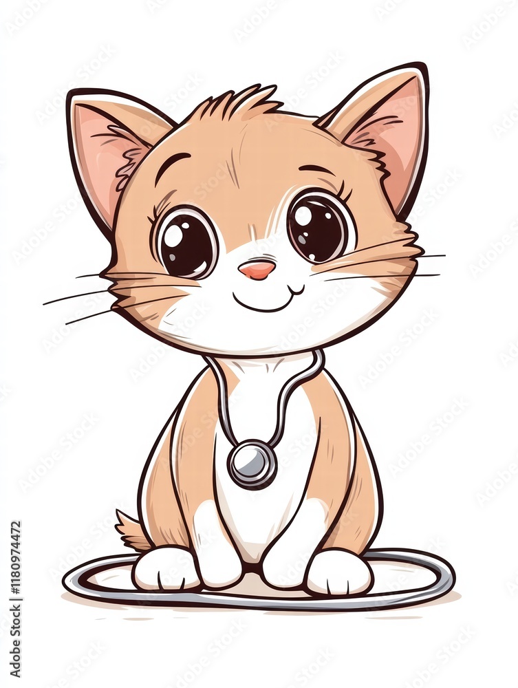 Obraz premium Adorable Kitten Doctor: A charming cartoon illustration of a cute, orange tabby kitten wearing a stethoscope, looking up with big, expressive eyes and a sweet smile.