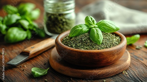 Fresh basil sprig on dried basil in wooden bowl, rustic kitchen setting, culinary herbs