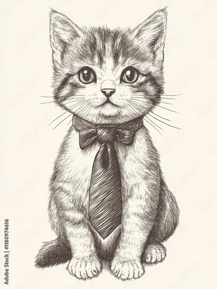 Obraz premium Sophisticated Kitten: A charming illustration of a tabby kitten, meticulously rendered in monochrome, sporting a stylish bow tie and necktie, exuding an air of quiet confidence. 