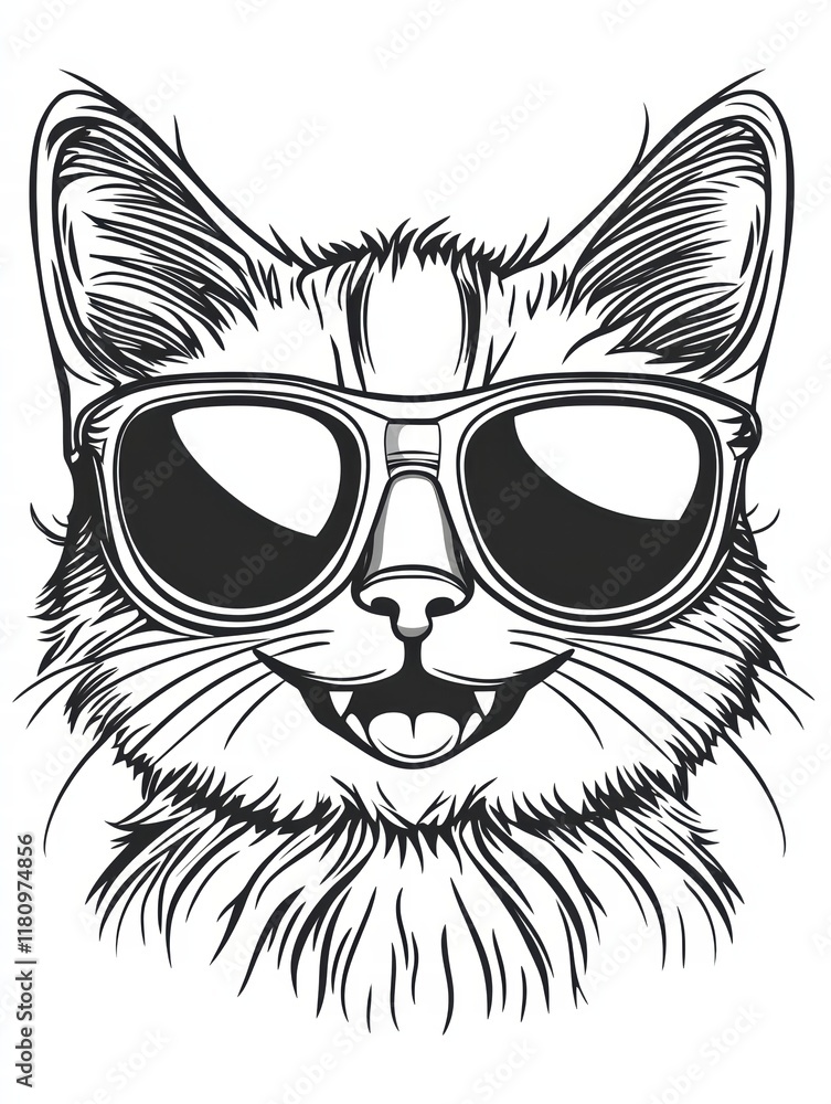 Cool Cat in Shades: A stylish illustration of a cat's face wearing cool sunglasses, radiating a carefree and happy vibe. The detailed line art style adds a touch of vintage charm. Cool Cat in Shades: A stylish illustration of a cat's face wearing cool sunglasses, radiating a carefree and happy vibe. The detailed line art style adds a touch of vintage charm.