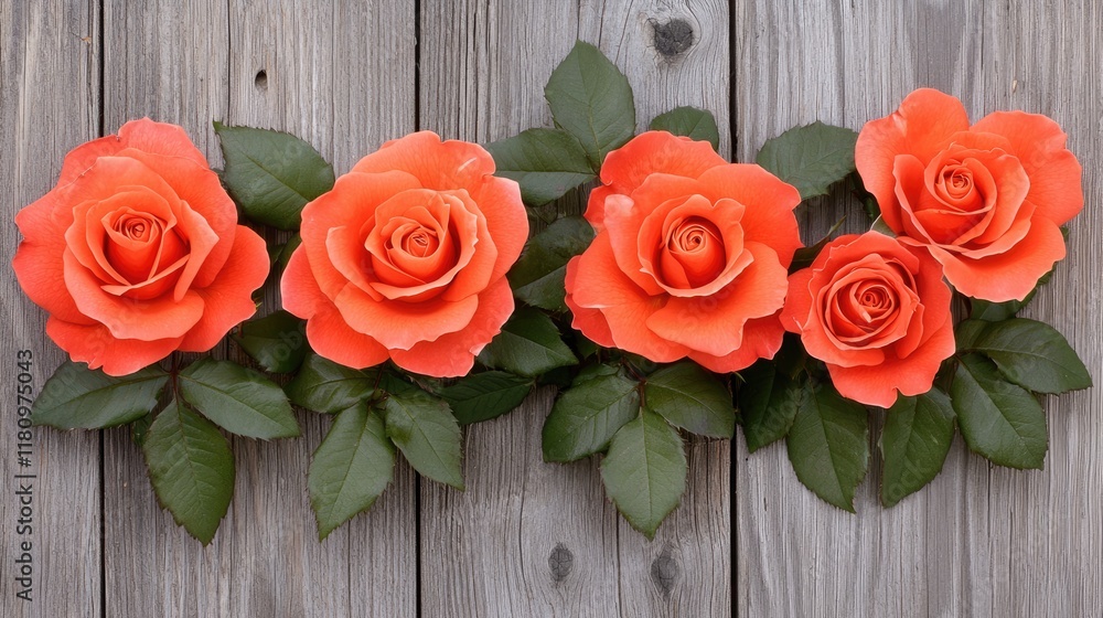Vibrant Orange Roses Arranged Neatly on Rustic Wooden Background with Green Leaves Vibrant Orange Roses Arranged Neatly on Rustic Wooden Background with Green Leaves