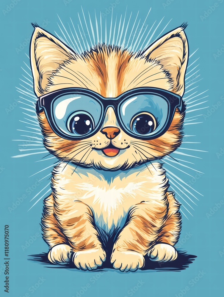 Cool Cat in Shades: A cute, cartoonish kitten sporting a pair of stylish shades, radiating a cool and confident vibe with a playful grin. The vibrant blue background enhances the overall aesthetic. Cool Cat in Shades: A cute, cartoonish kitten sporting a pair of stylish shades, radiating a cool and confident vibe with a playful grin. The vibrant blue background enhances the overall aesthetic.