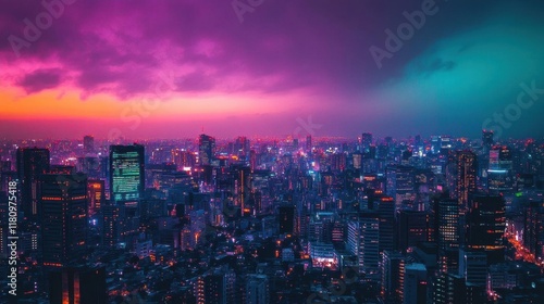 A vibrant city skyline at dusk, showcasing colorful lights and clouds.