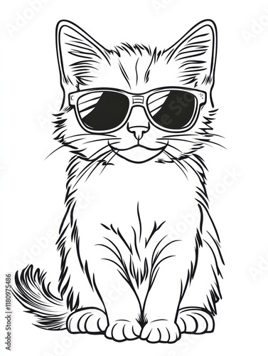 Cool Cat in Shades: A cute kitten, depicted in a cool and trendy line art style, sports a pair of stylish sunglasses, exuding a playful and charismatic vibe. Perfect for coloring pages. photo