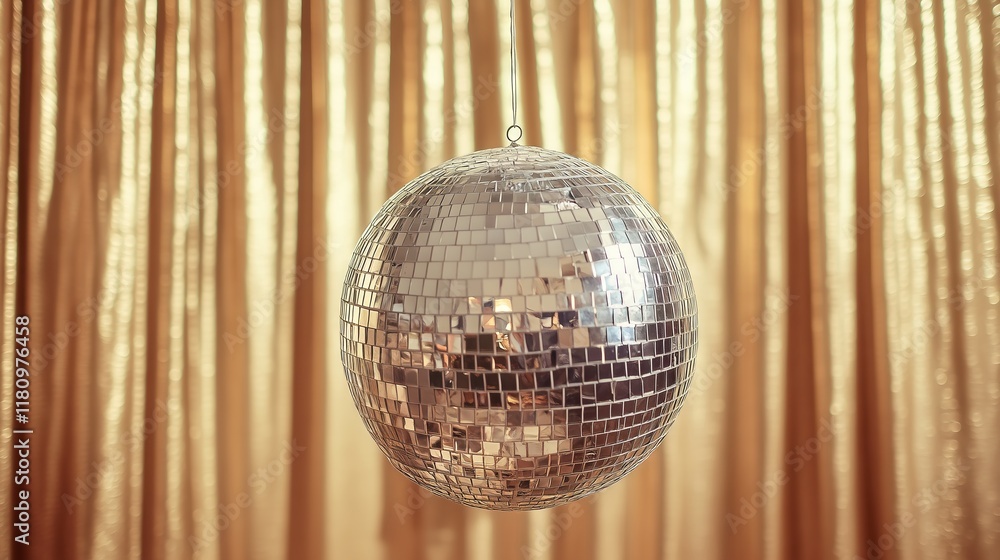 Obraz premium Shiny disco ball hanging on golden curtain reflecting light