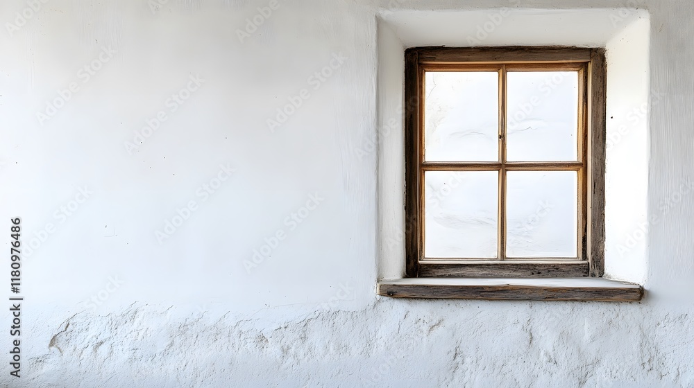 Obraz premium A small square window with a wooden frame, offering natural light on a plain white wall.
