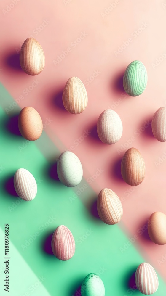 Geometric arrangement of pastel Easter eggs viewed from above creates a visually appealing design perfect for seasonal graphic projects Geometric arrangement of pastel Easter eggs viewed from above creates a visually appealing design perfect for seasonal graphic projects
