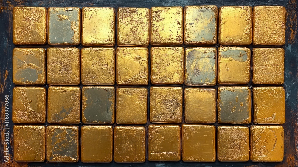 Gold square tiles arranged in a grid pattern on a dark background. Gold square tiles arranged in a grid pattern on a dark background.