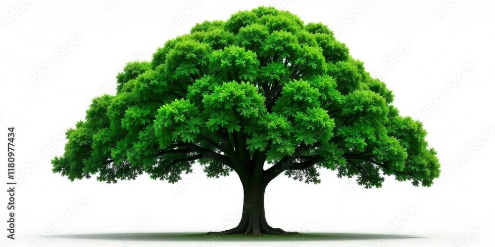 A large green tree with a wide, spreading canopy of lush foliage against a white background A large green tree with a wide, spreading canopy of lush foliage against a white background