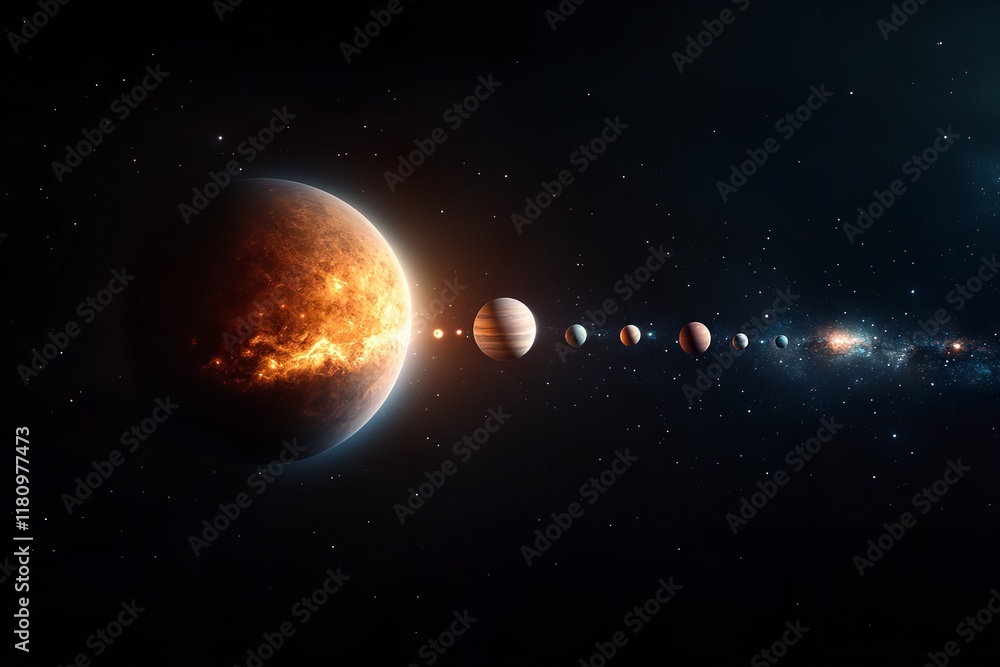 Naklejka premium A breathtaking view of multiple planets lined up in the cosmos, with a vibrant, fiery celestial body prominently featured in the foreground. Stars twinkle in the background