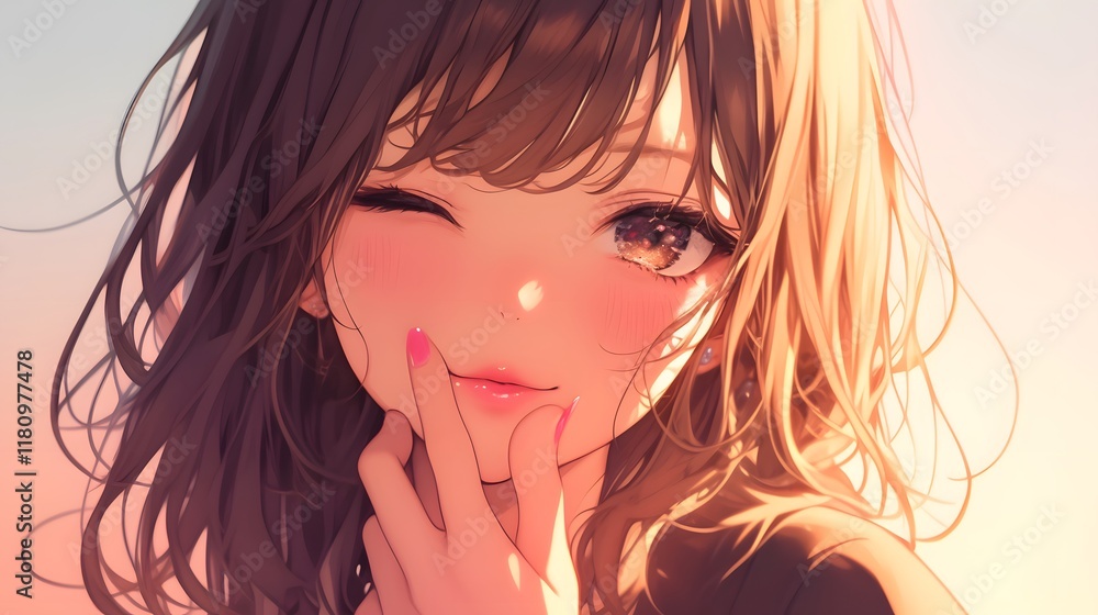Anime-style girl sending a kiss with a playful and charming expression, framed by soft lighting Anime-style girl sending a kiss with a playful and charming expression, framed by soft lighting
